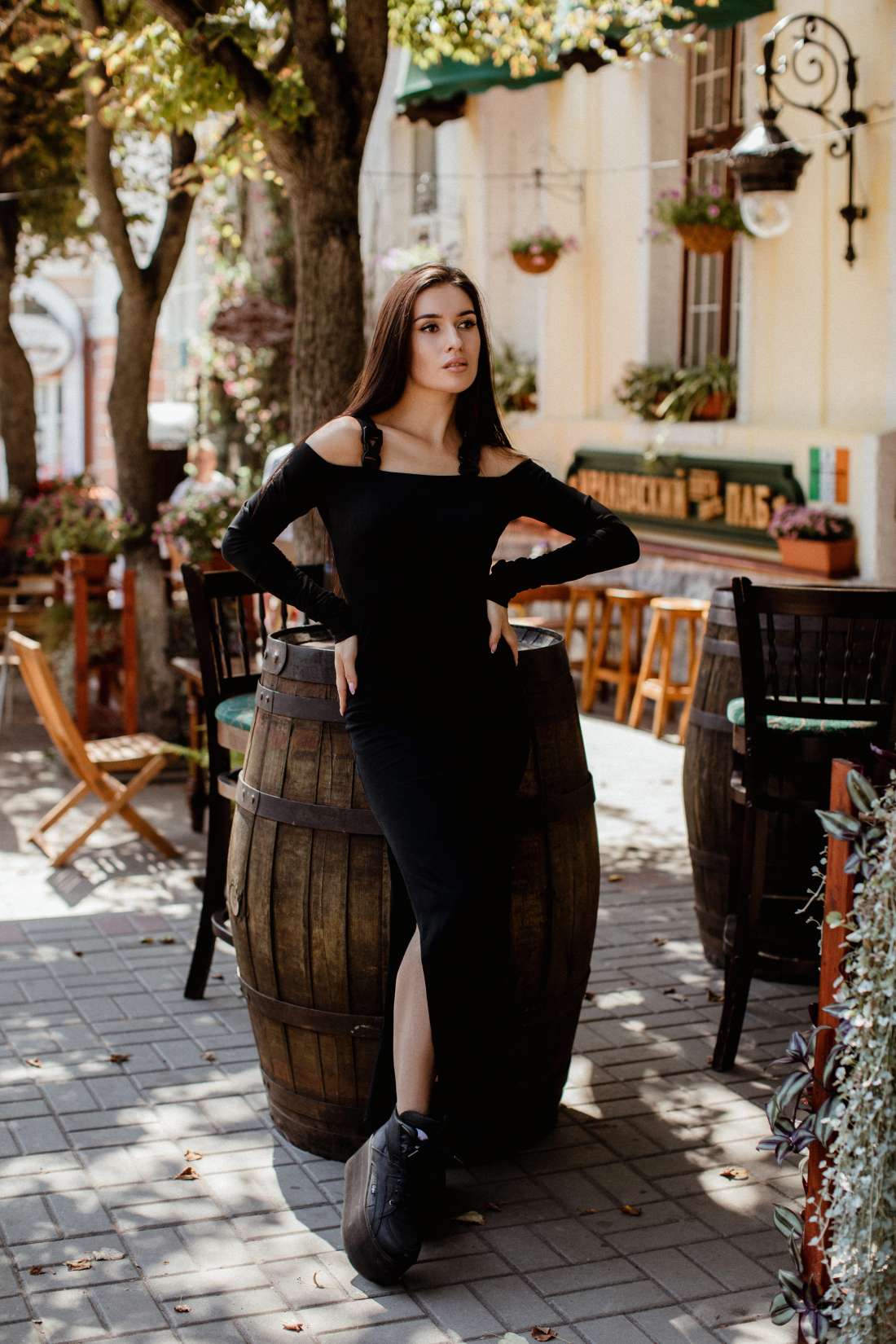Длинное черное платье со стропами FLY купить в интернет-магазине SKVO
